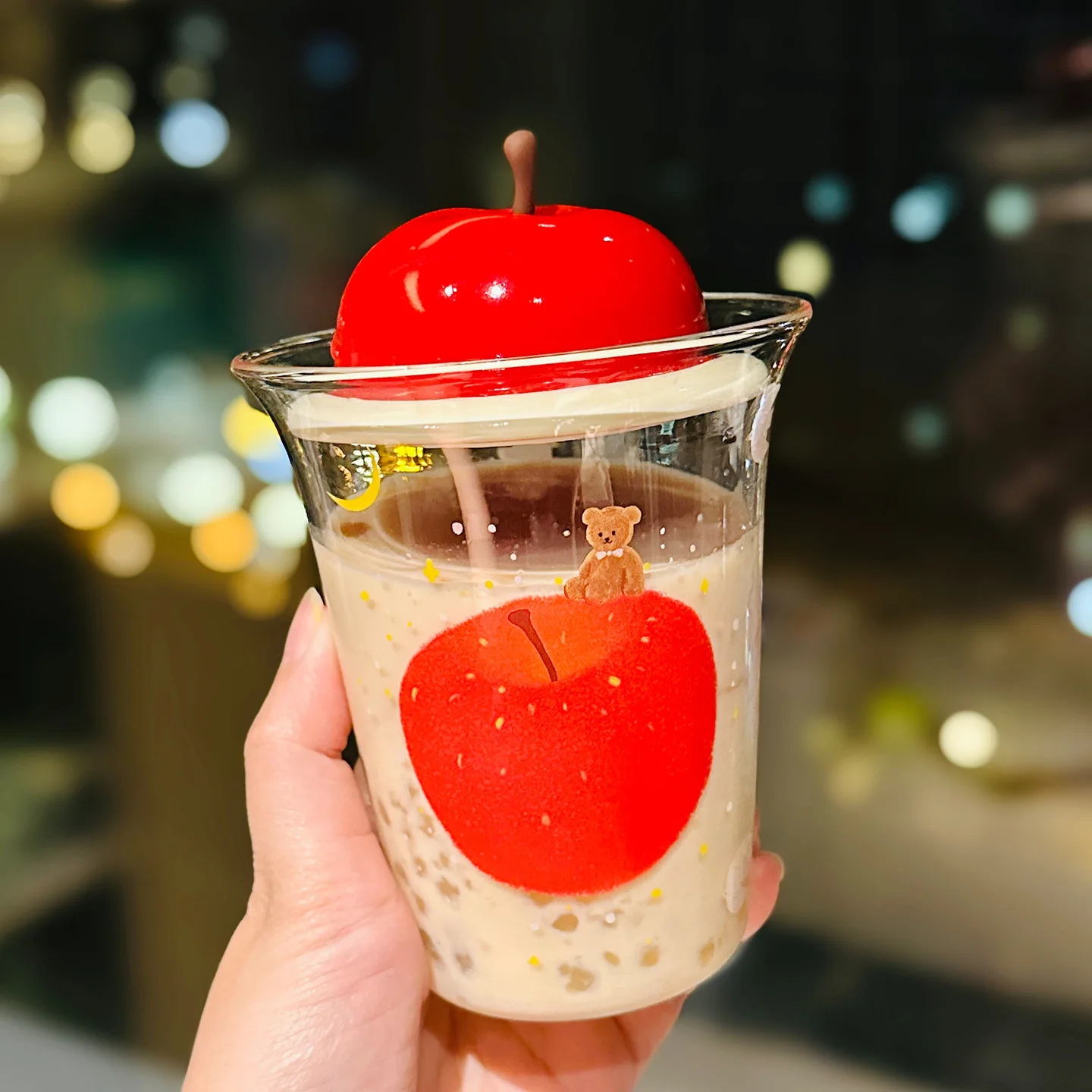 Cartoon Apple Borosilicate Glass Mug with Lid Cute Home Fruit Straw Cup High Temperature Resistant Gift