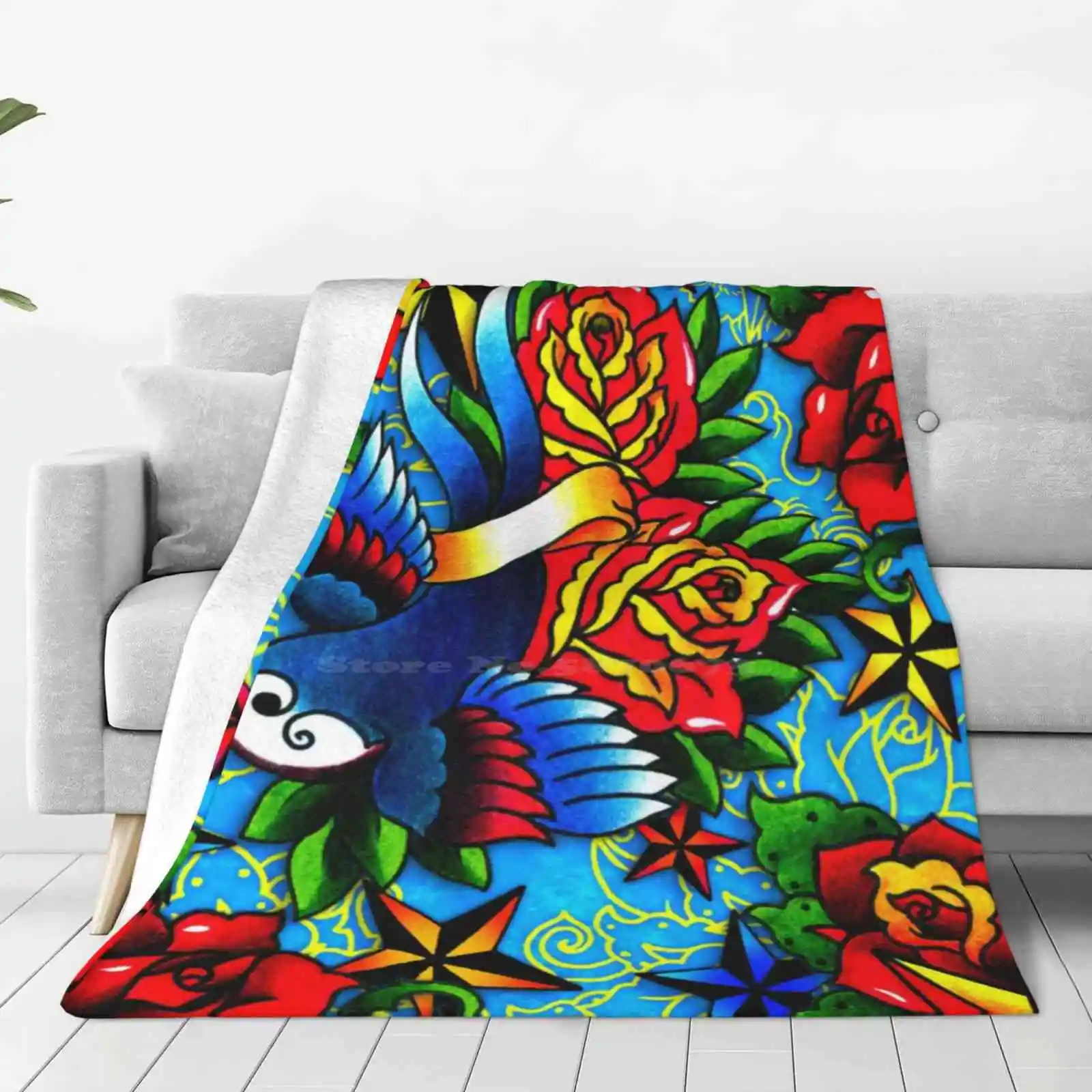 Traditional Swallow & Rose Tattoo Trend Style Funny Fashion Soft Throw Blanket Tattoo Design Swallow Tattoos Traditional