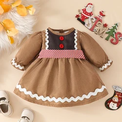 1-6Y Toddler Kids Girl Christmas Dress Gingerbread Man Dot Print Long Sleeve Crew Neck  Dress with Belt Children Xmas Clothes