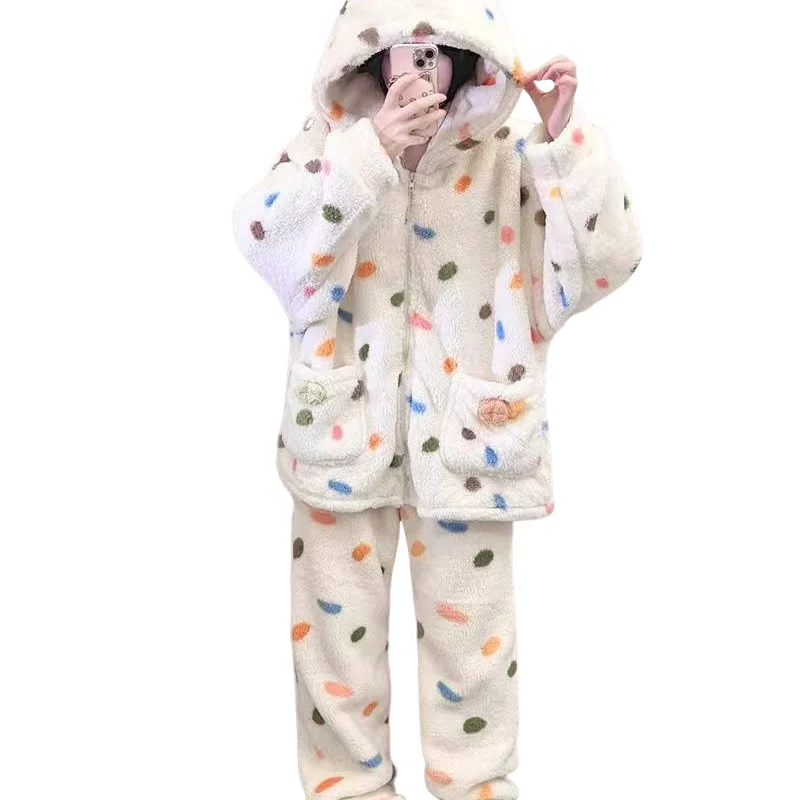 لطيف اللون نقطة الحلو منامة الشتاء المرجان الصوف ثوب النوم النساء فتاة الدافئة طويلة الأكمام السراويل دعوى ملابس المنزل