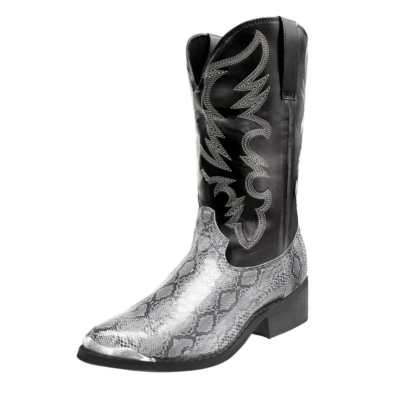 Pointed Toe Embroidered Mid-Calf Boots Snake Print Western Cowboy Men Botines Color-Blocked Slip-On Chelsea Cool Botas Femininas