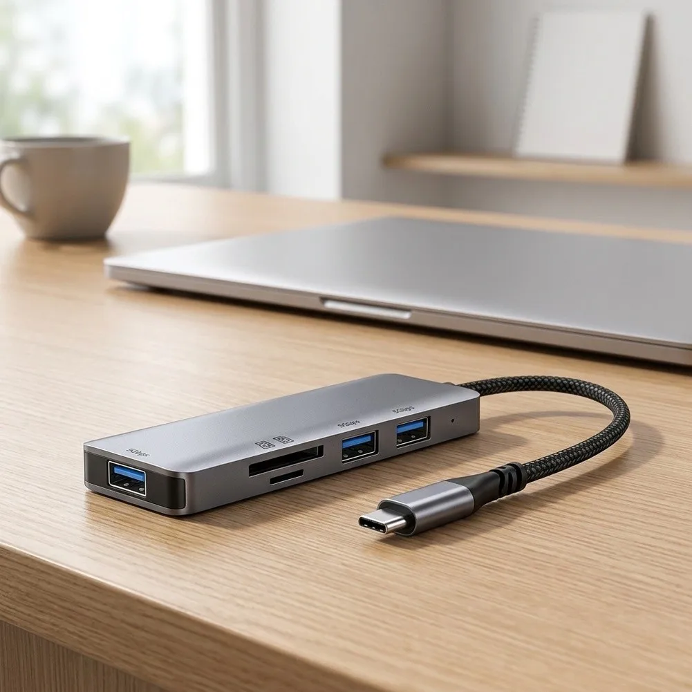 5 In 1 USB C Hub Adapter Laptop Docking-Station 5Gbps High-Speed Transfer Dual Memory Card Reader Laptop Accessories
