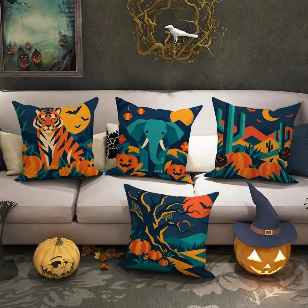 Dark Vector Halloween Gift Cushion Cover Halloween Rustic Throw Pillow Covers, Cute Ghost Pumpkin Maple Leaf Cushion Covers