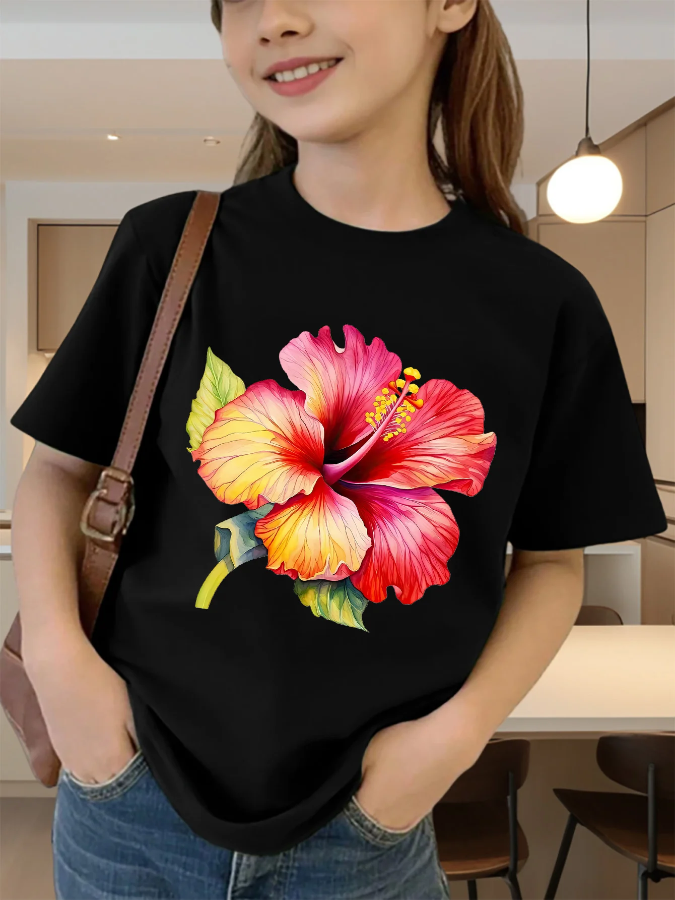 Cute Hibiscus Flower Watercolor Print Graphic Kids Tee Boys Girls Family Matching Cotton Crew Neck Short Sleeve Soft Summer Tee