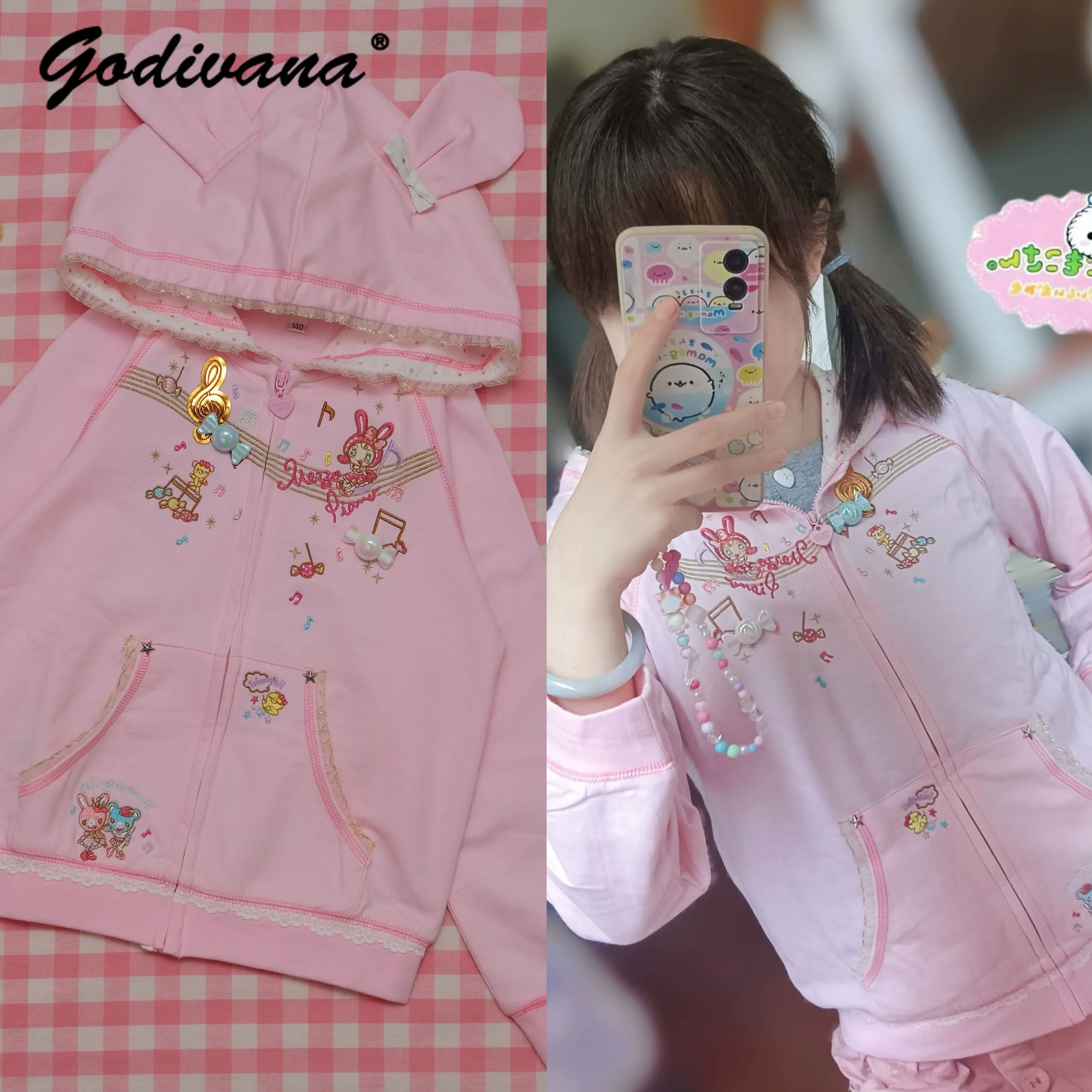 

Японский милый розовый свитшот Y2K для девочек дочерей, милый наряд для подростков, весенне-осенняя куртка с капюшоном на молнии с вышивкой в стиле каваи