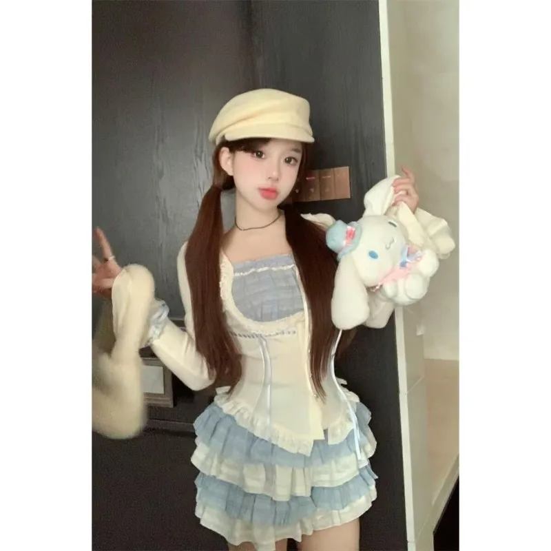 French Sweet Contrast Color Top Cake Skirt Two-piece Set Women Fashion Drawstring College Flounce Lace Flare Sleeve Slim Suit