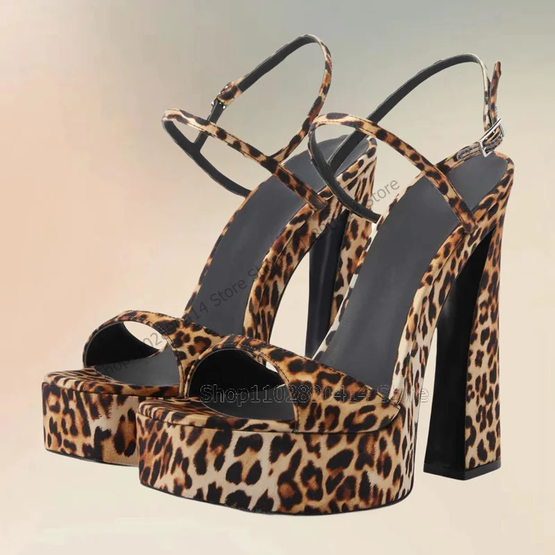 Leopard Print Open Toe Platform Sandals Ankle Buckle Strap Women Shoes Chunky High Heels Fashion Party 2024 Zapatos Para Mujere