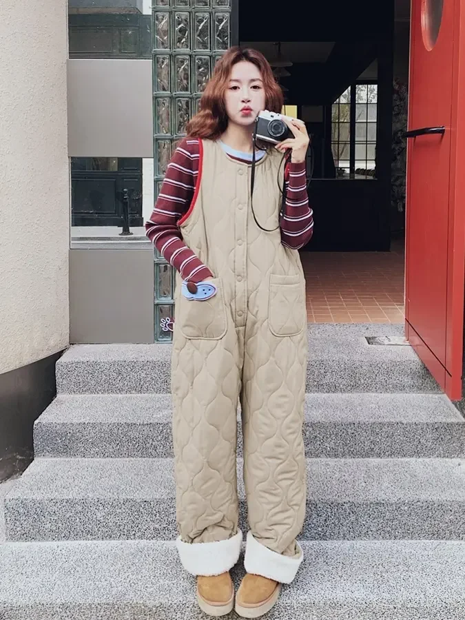 

Retro Cotton Strap Pants Women's Autumn Winter Khaki Patchwork Quilted One-Piece Striped Knitted Set Low Waist Long Pants