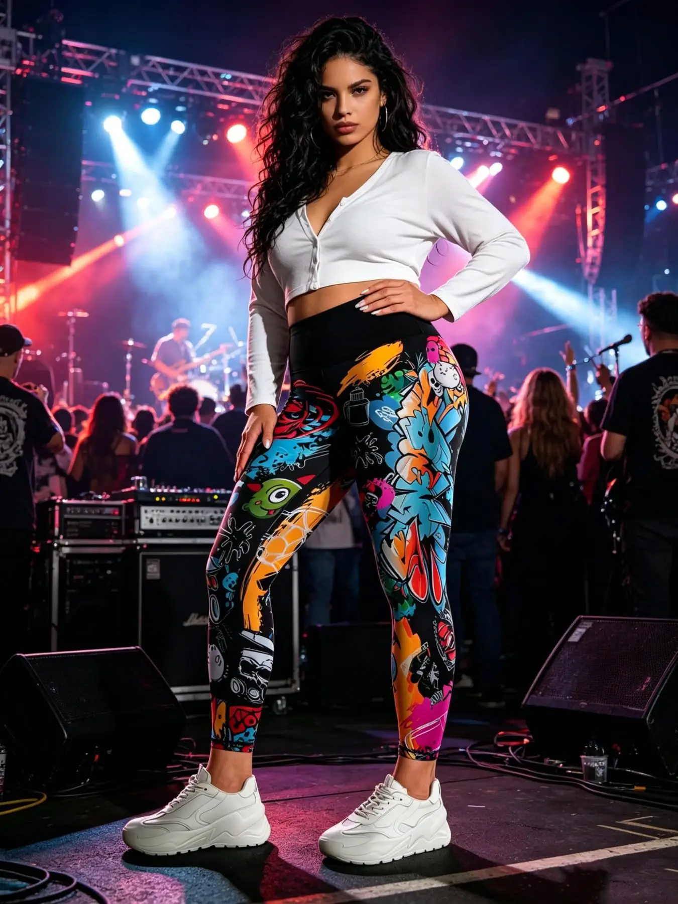 Plus-size women’s quirky, playful rock-style digital print leggings; stylish, unique high-waisted fitness leggings for everyday