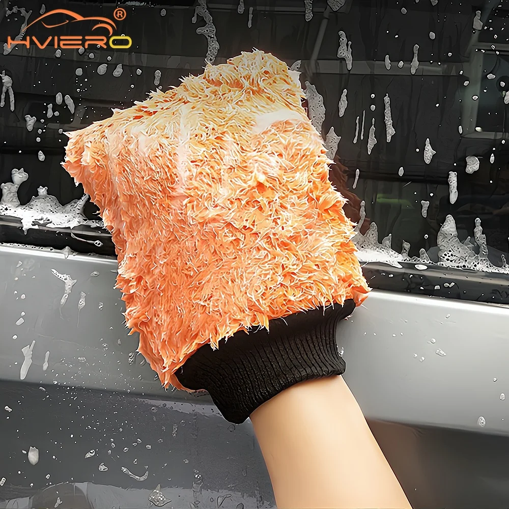 1X Car Wash Gloves Glass Velvet Double-sided Fiber Cleaning Thickening Cloth Auto Maintenance Tools Curing Beautify Orange Green