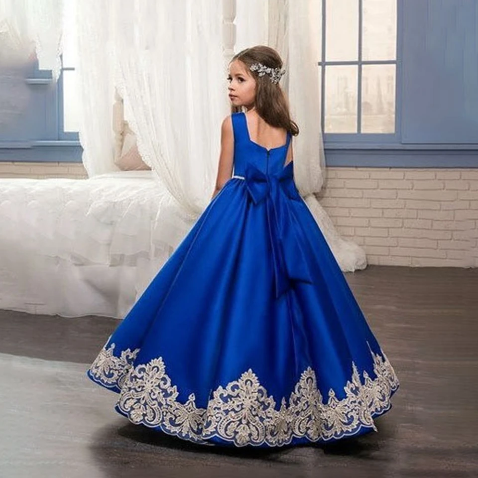 Satin Long Flower Girl Dresses Square Neck Child Kids A Line Princess Ball Gown Appliques Bow Pageant Wedding Formal Dress