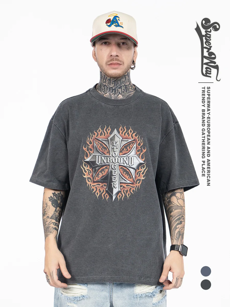 

SUPER WAY Fashion Brand Retro High Street Flame Cross Metal Print Oversize Short Sleeve T-shirt F593