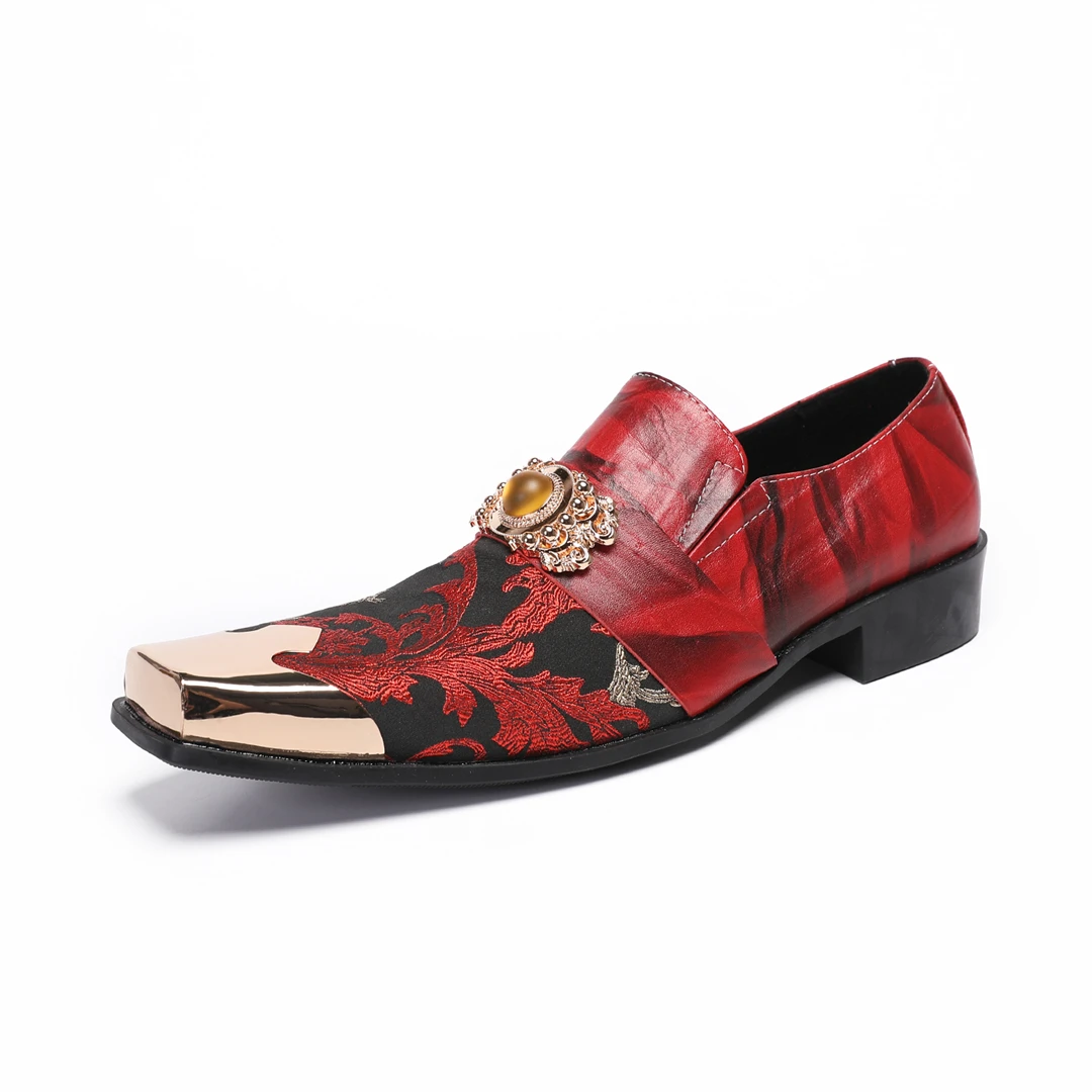 Men's Red Square-Toe Oxford Shoes: New Style Genuine Leather Patchwork Shoes with Large Crystals—Wedding and Formal Shoes