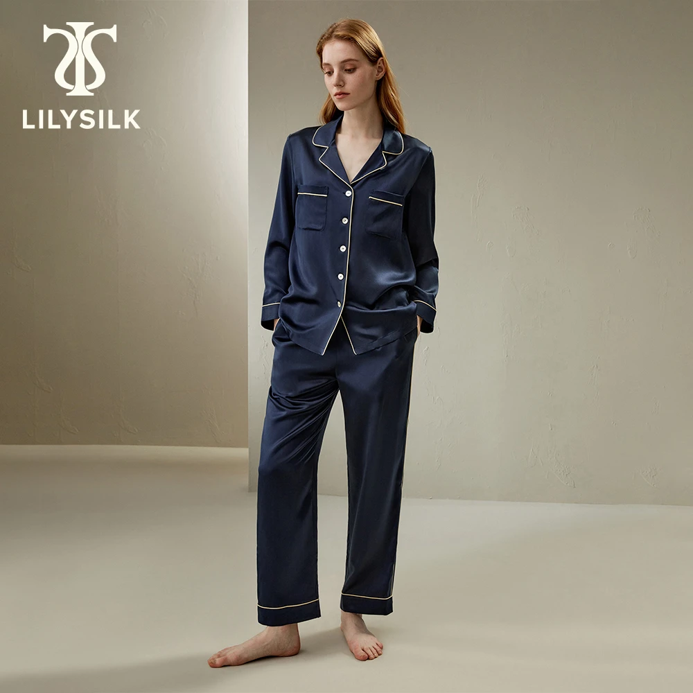 LILYSILK Women's Pure Silk Pajamas Set Ladies Gold Piping Full Length Sleepwear