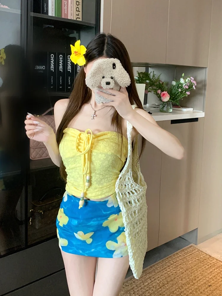 

XZY Pure Desire Yellow Tube Top And Shorts Set plus Size Women's Summer Vacation Style Fashion plus Size Outfit Korean Style