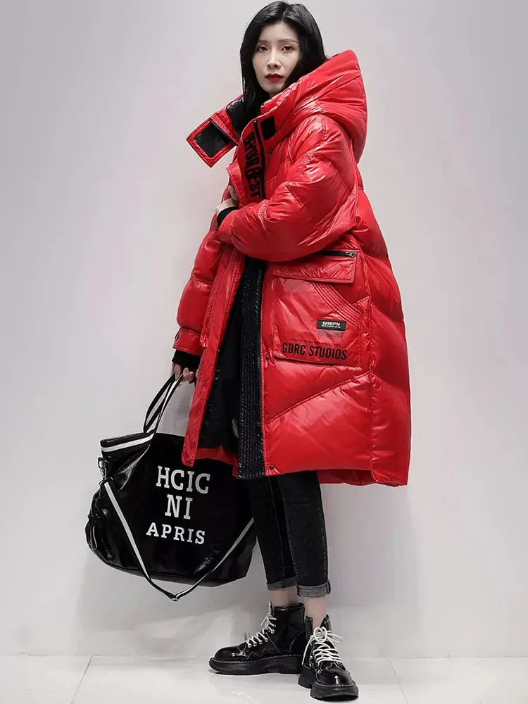 Imagem -04 - Inverno Preto Longo 90 Pato Branco para Baixo Jaqueta Feminina Streetwear Nova Moda Carta Solta à Prova de Vento Parkas com Capuz para Baixo Cabolsas 2023