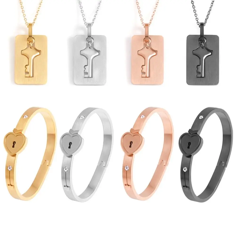 Stainless Steel Couple Jewelry Bracelet Lock and Key Gold Silver Heart Lock Bracelets Matching For Lover Key Pendant Necklace