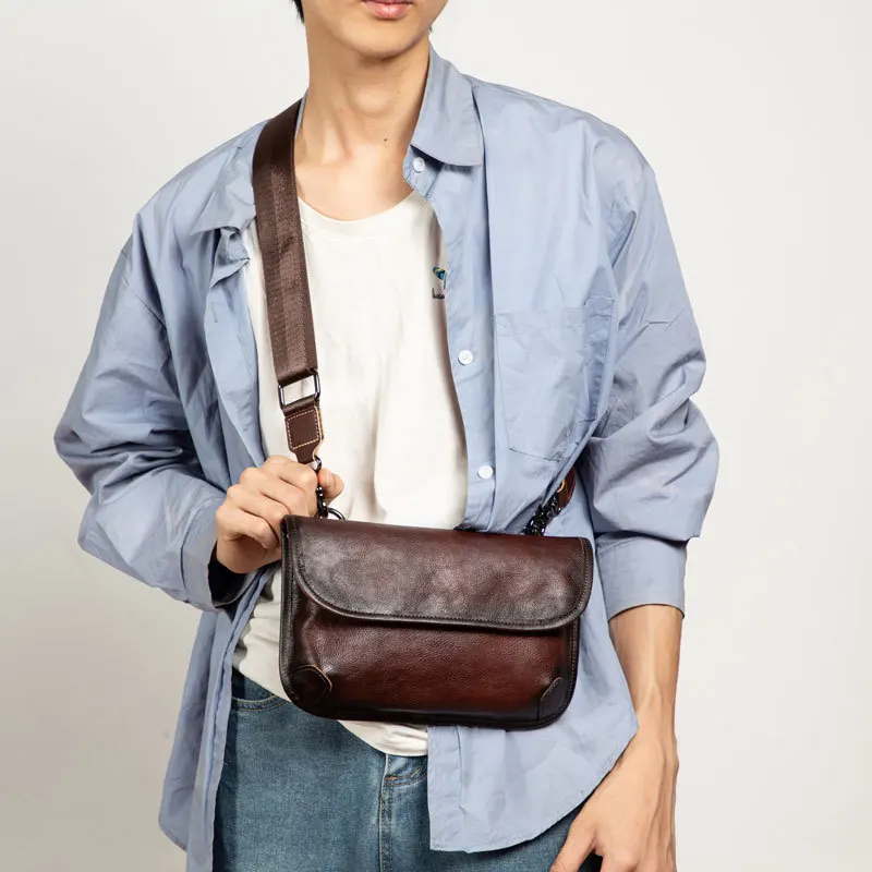 

Envelope Hasp Cover Crossbody Bag Men Fashion Street Trend Outdoor Vintage Solid Genuine Cowhide Leather Single Shoulder Bags