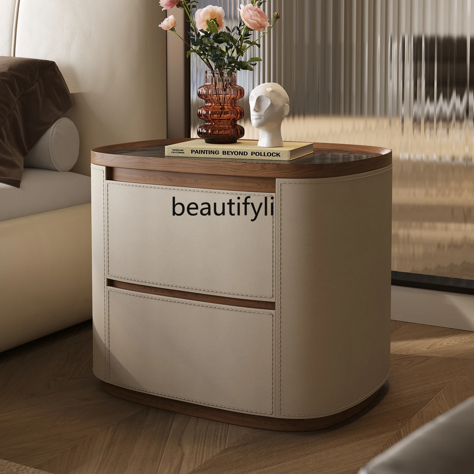

Bedroom bedside table Solid wood rock slab Atmospheric chest of drawers Italian minimalist rock slab Saddle leather Round