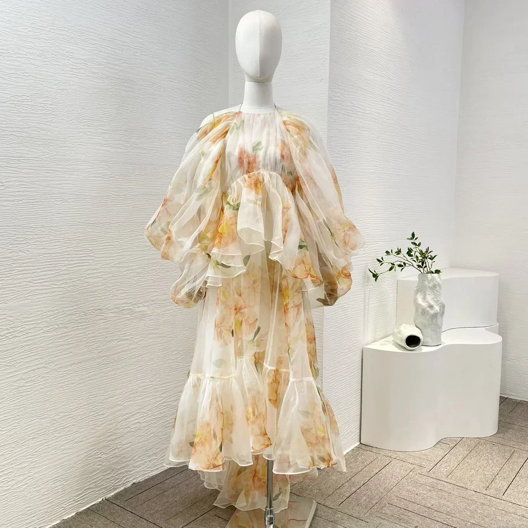 New Collection High Quality Silk Ivory Orange Camellia Flower Print Halter Backless Long Sleeve Women Midi Dress for Holiday