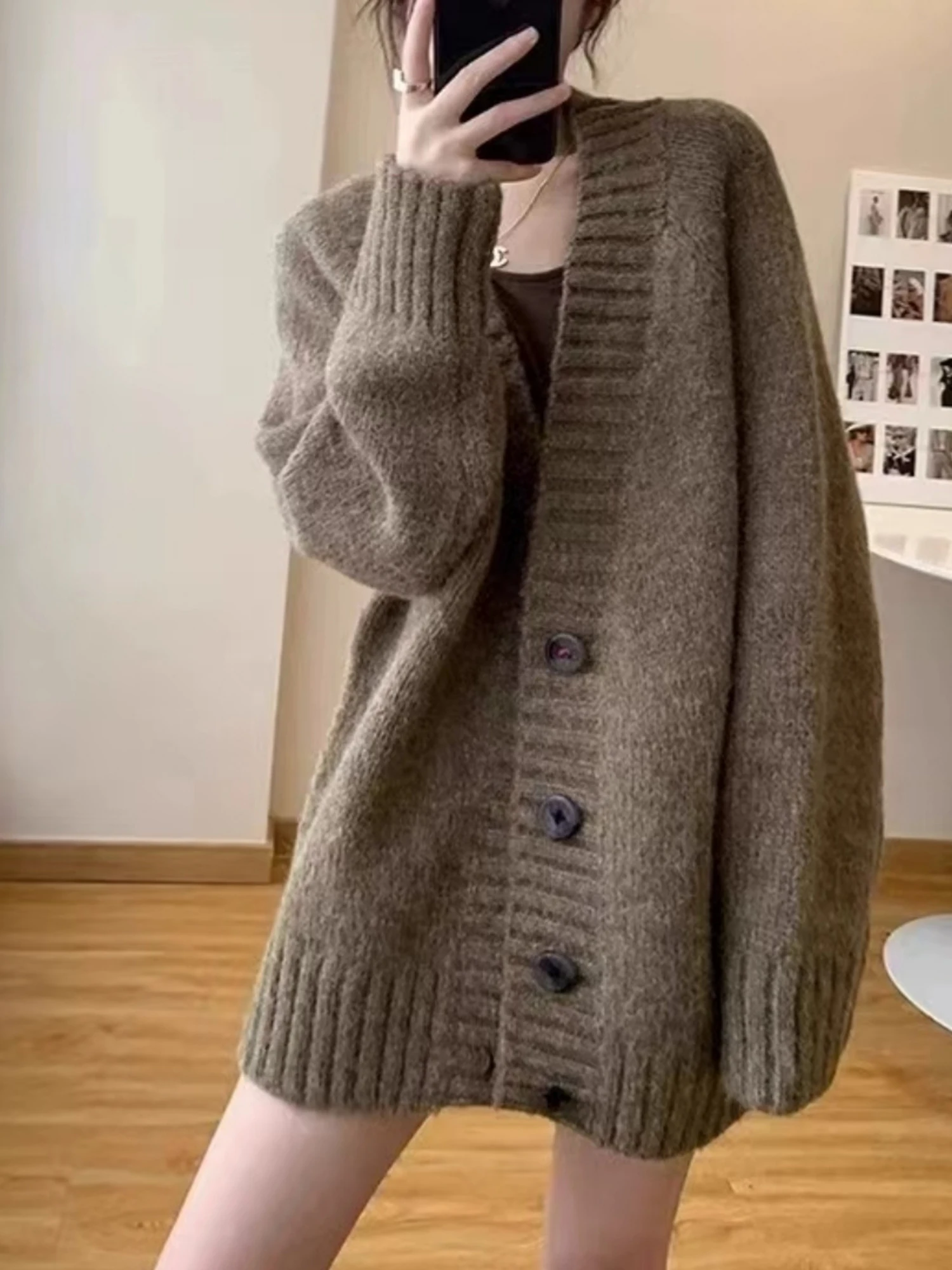 Autumn Winter Thickened Long Sleeve Women's Knitwear Outerwear Casual Loose Style V-Neck Button Splice Medium Length Cardigan