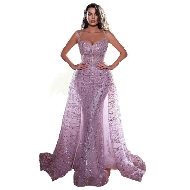 ロマンチックなパープルのイブニングドレススリムラインスリットスパンコールスパゲッティストラップコートガウンウエディングパーティードレス Vestido De Noite カスタマイズ