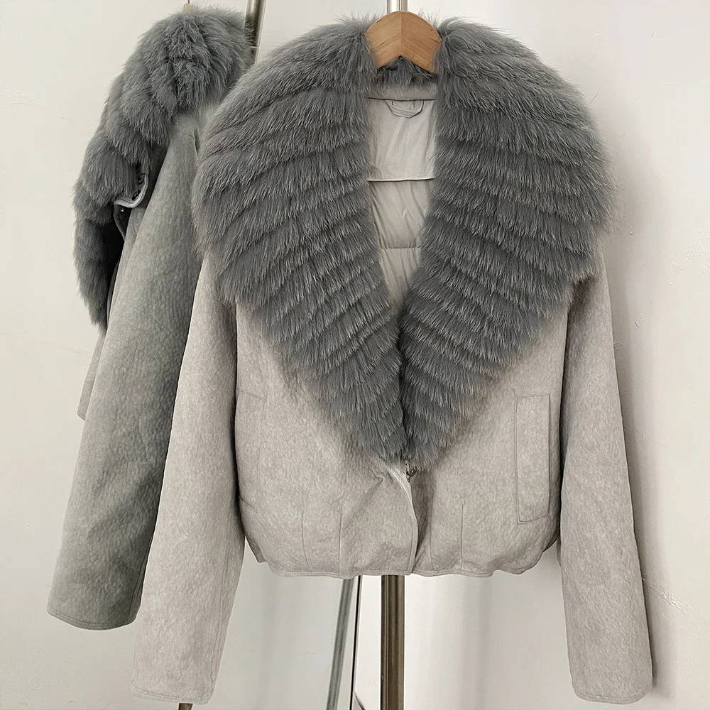 OFTBUY Dicke Daunenjacke mit Echtem Fell-Reißverschluss, Elegante Gesteppte Oberbekleidung, Gestreifter Fuchspelzkragen, Warmer Wintermantel für Damen – Detail 11