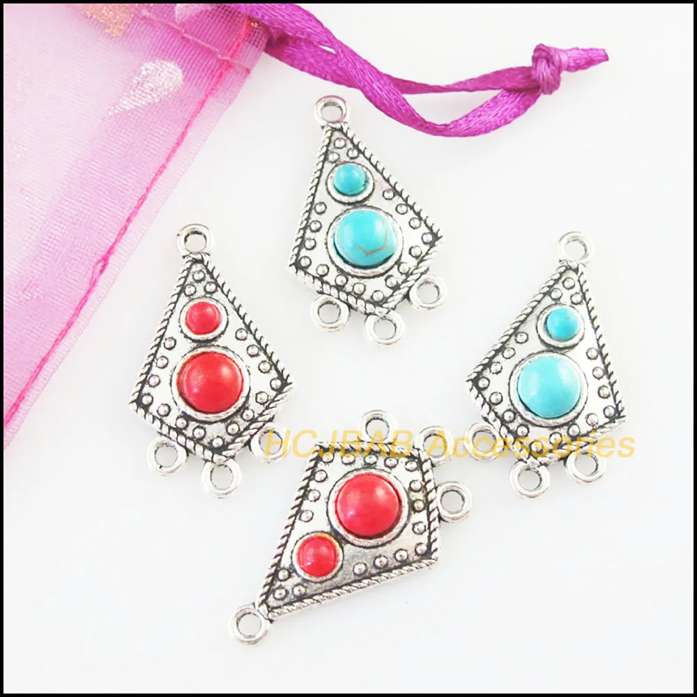 Fashion 10Pcs Retro Tibetan Silver Tone Flower Shield Blue&Red Stone Charms Connectors 17x29.5mm