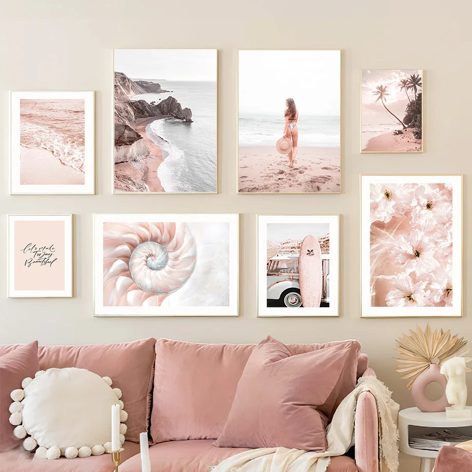 Wall Art Canvas Painting Pink Blossom Beach Surfing Girl Coconut Tree Living Room Decor Posters And Prints Home Wall Pictures