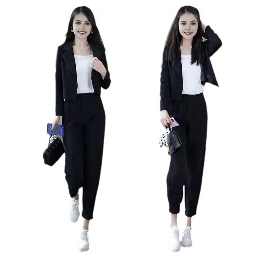 Lady Formal Clothes Stylish Women's Formal Commute Outfit Lapel Double Buttons Coat Pants Set with High Waist Trousers Long