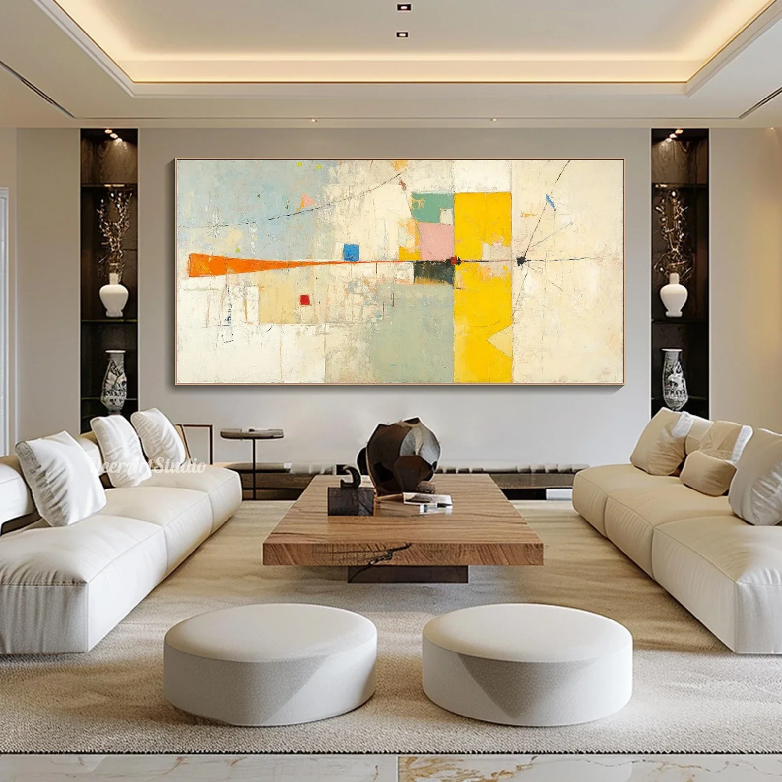 

Abstract Geometric Painting on Canvas Minimalist Mid-Century Modern Art Large Hand-Painted Textured Canvas Neutral Color Art