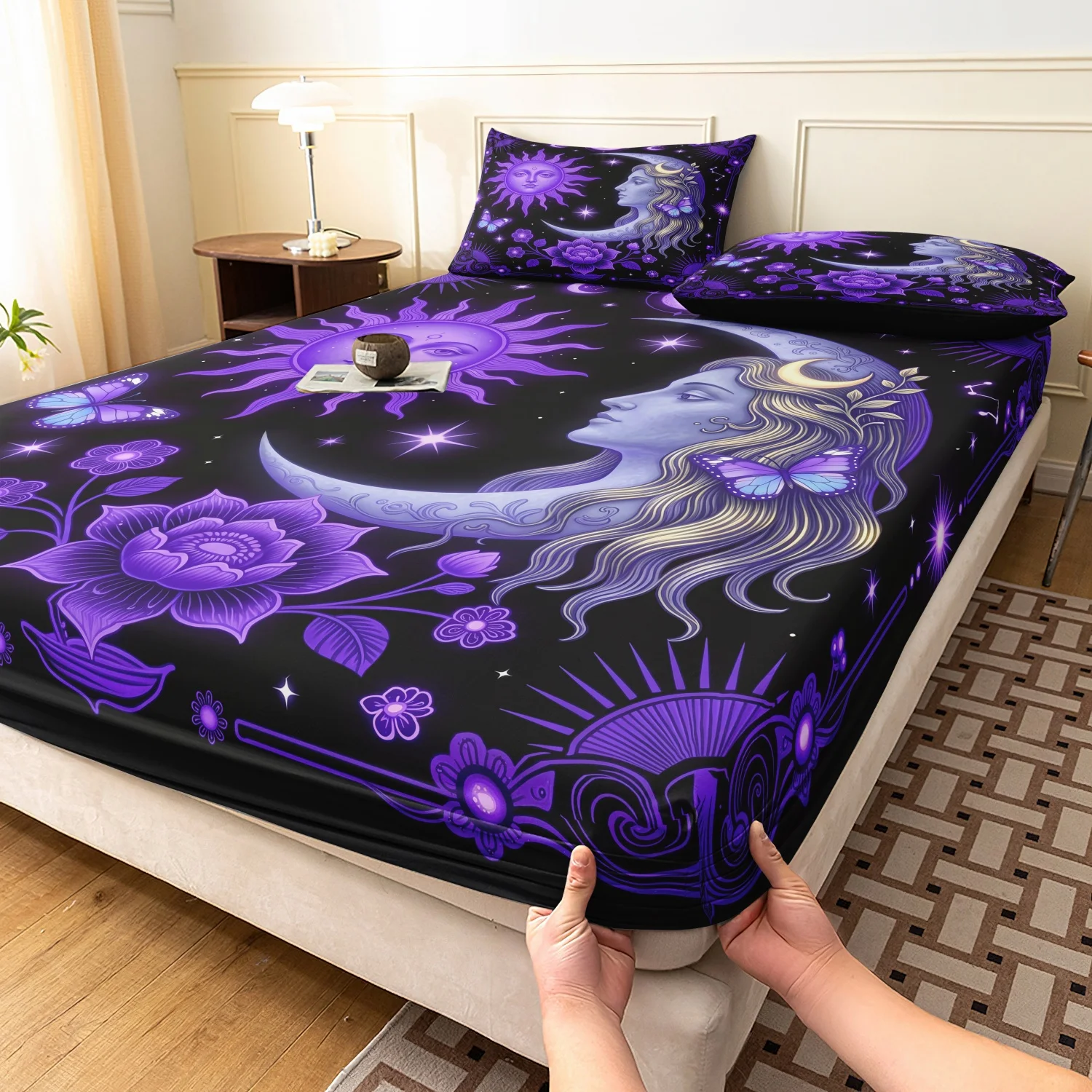3 Pieces Purple Sun Moon Goddess Fitted Sheet Set, Celestial Star Butterfly Lotus Pattern Bedding,Multiple Sizes Available