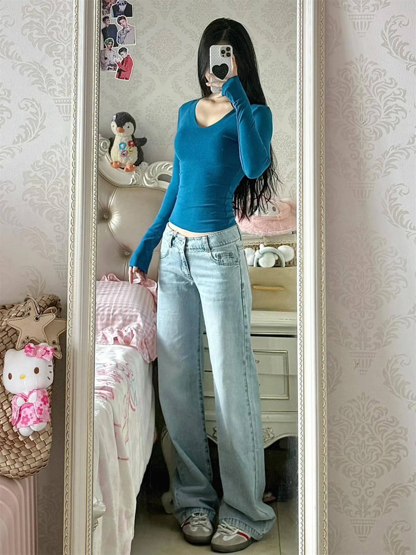 

American Vintage Light Blue Low Waist Straight Leg Jeans Women's Spring Autumn Loose Slimming Hot Girl Wide Leg Floor-Length ...