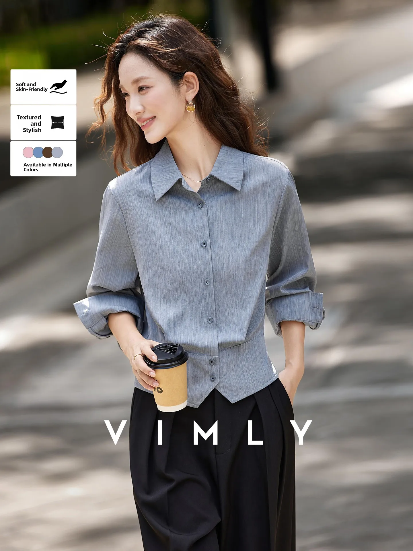 

Waist-Cinching Blue Gray Striped Women's Shirt Spring Summer New Irregular Design Stand Collar Top Coat Casual Fashion Polyes...