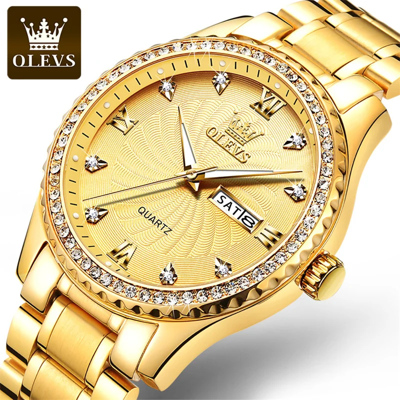 

OLEVS Brand Luxury Gold Quartz Watch for Men Stainless Steel Waterproof Week Date Fashion Diamond Watches Mens Relogio Masculino