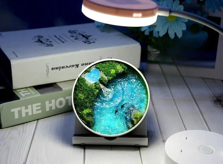 NEW [Dolphin Crescent Island] Handmade Creative Iron Box Miniature Landscape Healing Simulation Ocean Waterfall Ornament Gift