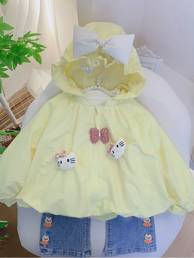 

Sanrio Hello Kitty Spring Autumn Girls Jacket Princess Coats Cartoon Children's Hooded Top Baby Anime Overcoat Cute Windbreaker