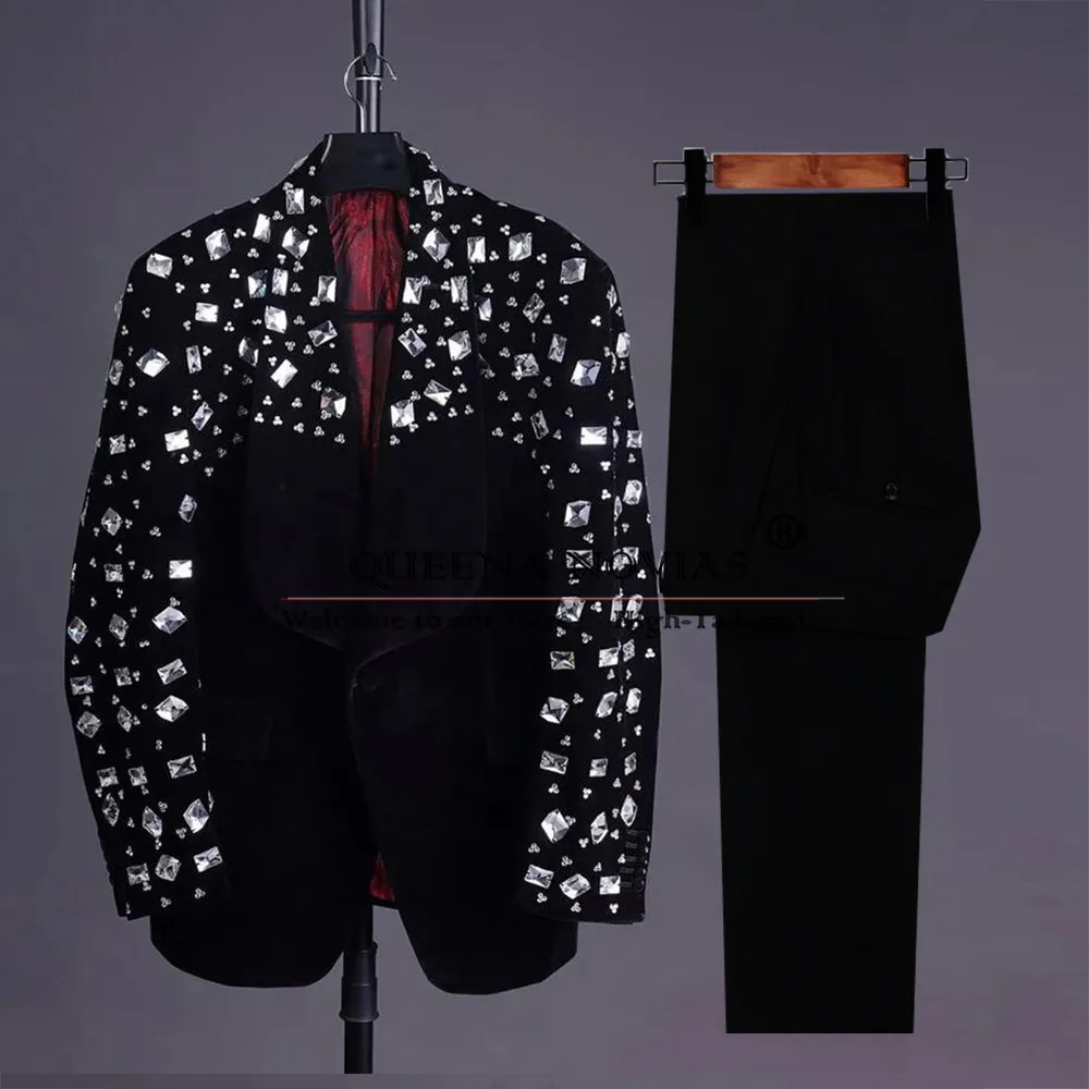 

Роскошные мужские костюмы с бриллиантами и бисером, бархатные однобортные пиджаки и брюки, комплект из 2 предметов, свадебный смокинг для жениха, наряды на заказ
