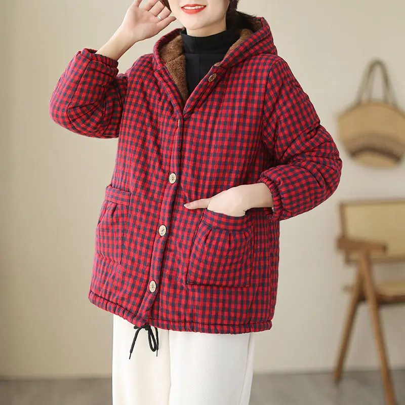 Plush Jacket Thickened Warm Plaid Cotton Coat Autumn And Winter 2022 Hooded Casual Loose Women\'s Fleece Abrigo Outerwear T1153