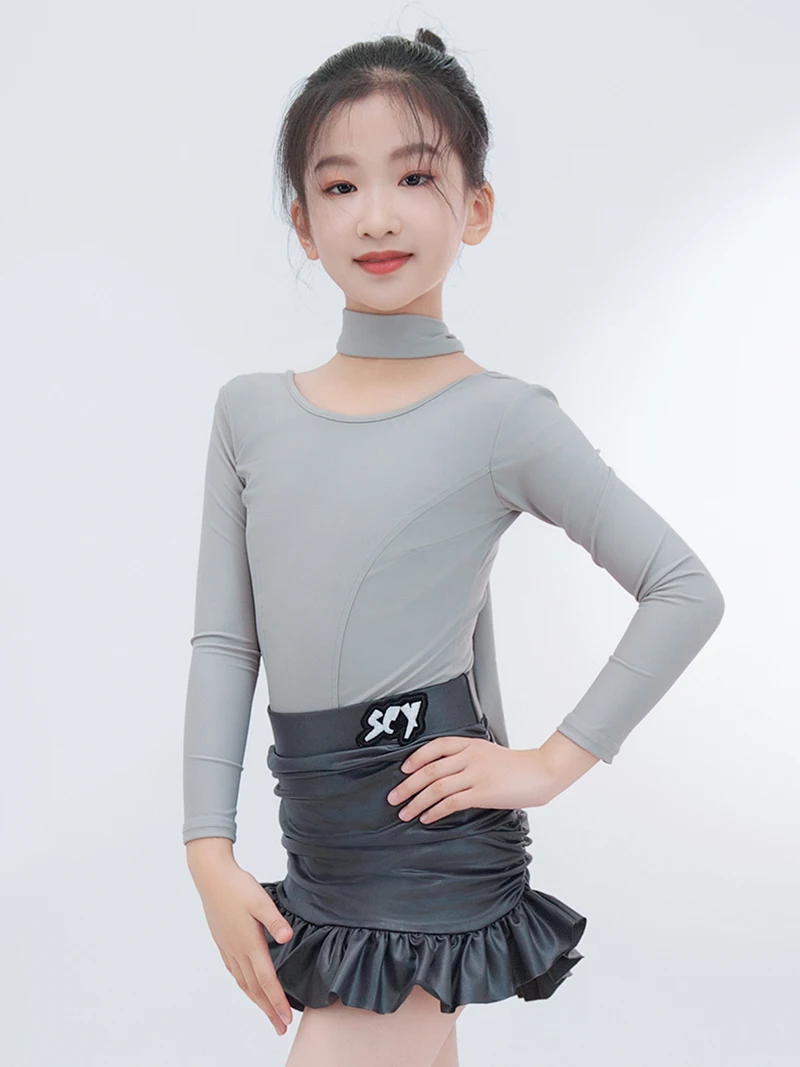 اللاتينية الرقص ارتداءها أعلى التنانير الدعاوى قاعة الرقص الاطفال الفتيات رمادي الكشكشة رومبا Dancewear التدريب تشاتشا أزياء مسرحية #4