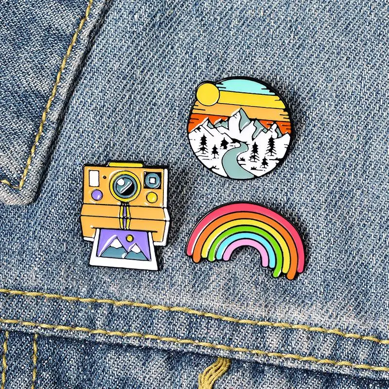 Enamel Brooch Outdoors Camping travel camp Lapel Pins Cartoon Brooches Badges Fashion Gifts for Friends Rainbow Landscape Camera
