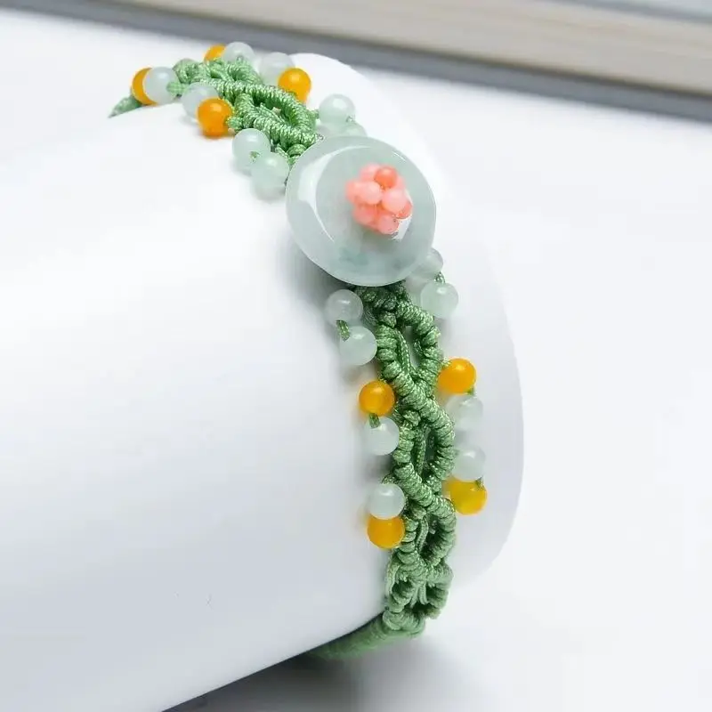 Women's Handmade Braided Bracelet 2026 Fashion Chinese Style Natural Burmese Jade Peace Buckle Adjustable Beaded Wrist Jewelry