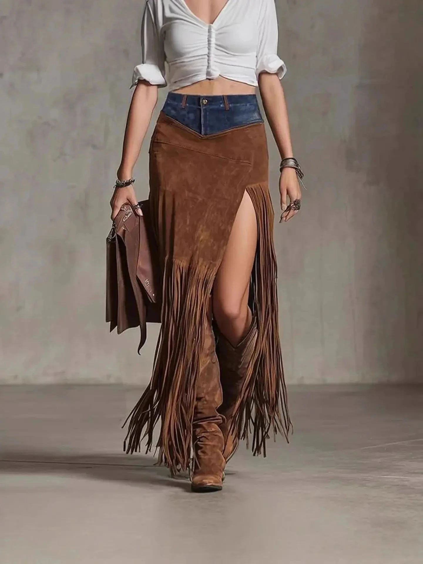 Woman Suede Skirt Women High Waist Long Skirts for Women Tassel Spliced ​​Denim Hem Irregular Slit Woman's Midi Skirt