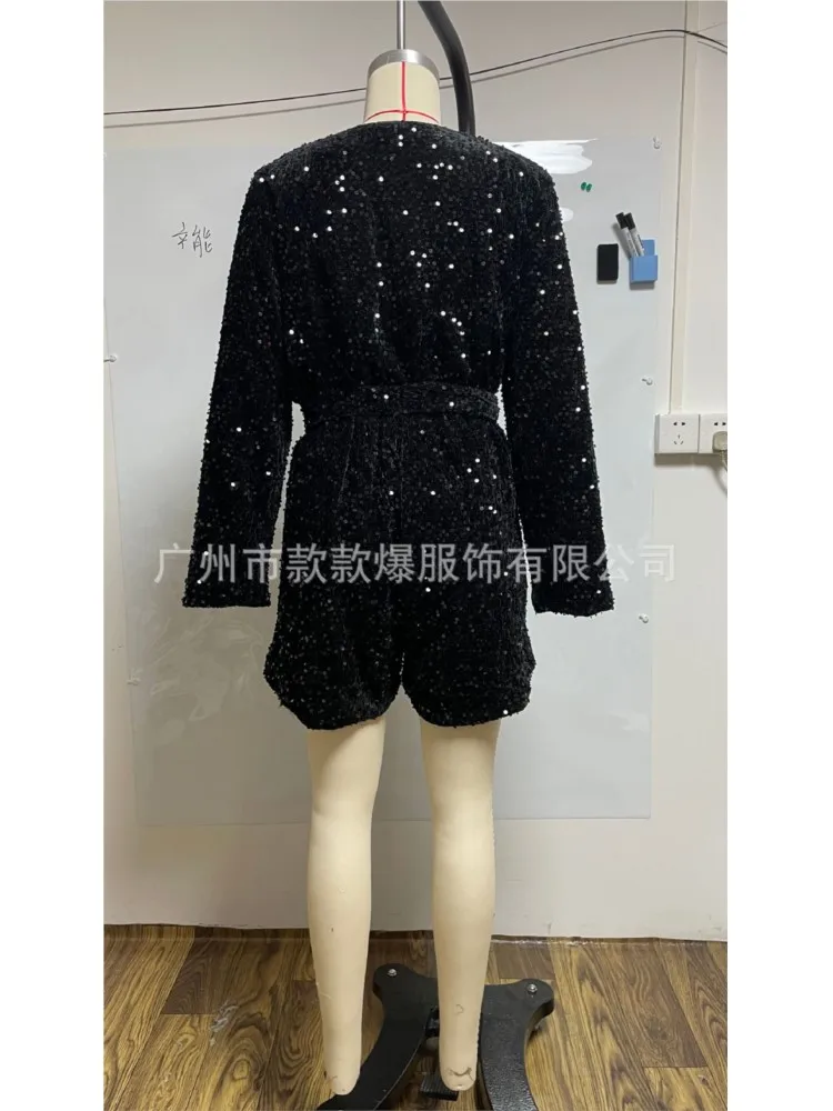 Sparkling Jumpsuit Fashionable Spring Autumn Women's Loose Comfortable Long Sleeved Sexy V-neck Lace Up High Waisted Pants Set