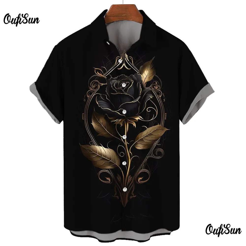 Pure Black Summer Men's Short-sleeved Shirt With Simple Rose Design For Daily Casual Wear Men's Oversized T-shirt Top Size S-5XL