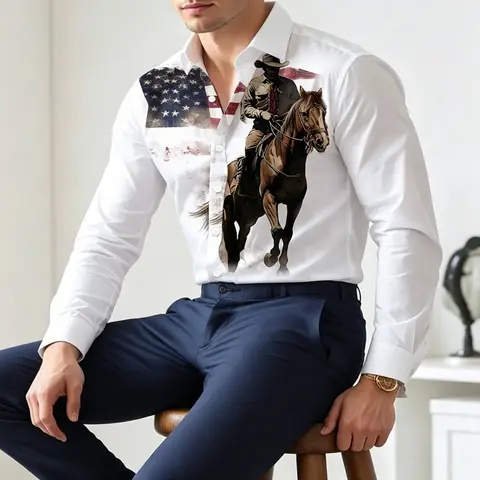 Retro Western Cowboy Rider Horse Pattern Long Sleeve Shirts Men Fashion American Flag Decor Casual Dress Shirts