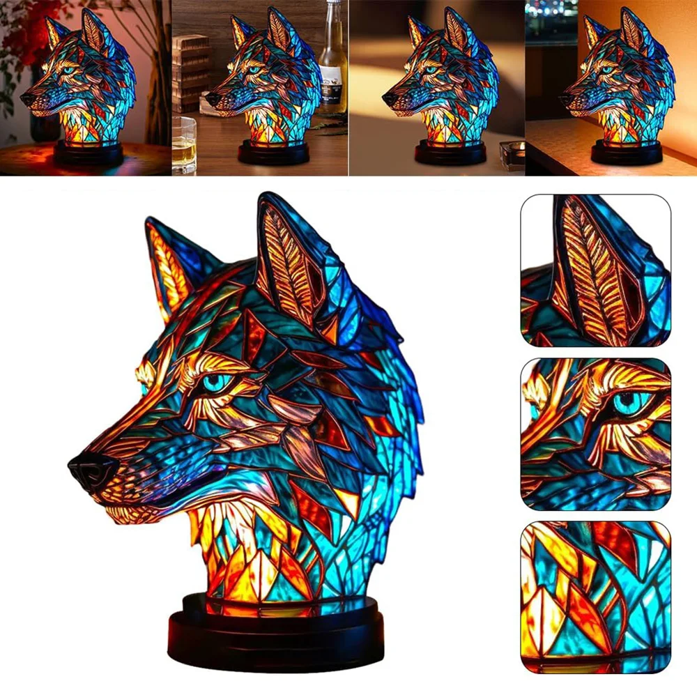 Resin Stained Glass Animal Lamp Dragon Wolf Elephant Table Lamp Desktop Ornament Colorful Night Light Bedside Lamp Home Decor