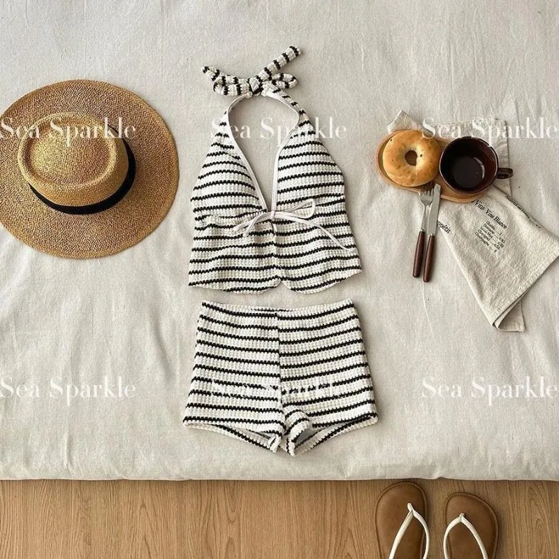 

Женские полосатые трикотажные шорты с высокой талией, вафельной текстурой, повседневные, летние, пляжные, укороченные