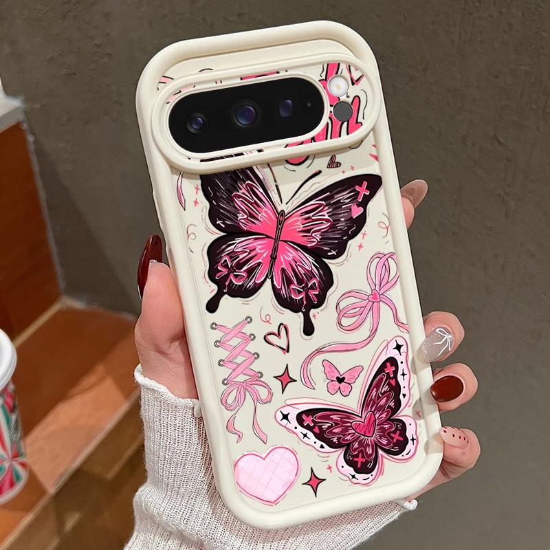 Rosa Cartoon-Schmetterlings-Handyhülle für Google Pixel 10 9 7 8 Pro 9A 8A 7A Pixel 9 10 Pro XL, stoßfeste, einfarbige, weiche TPU-Abdeckung