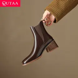 QUTAA 2025 News Women Ankle Boots Sexy Genuine Leather Chunky heel Autumn Winter Boots Square Toe Low Heels Shoes Size 34-39